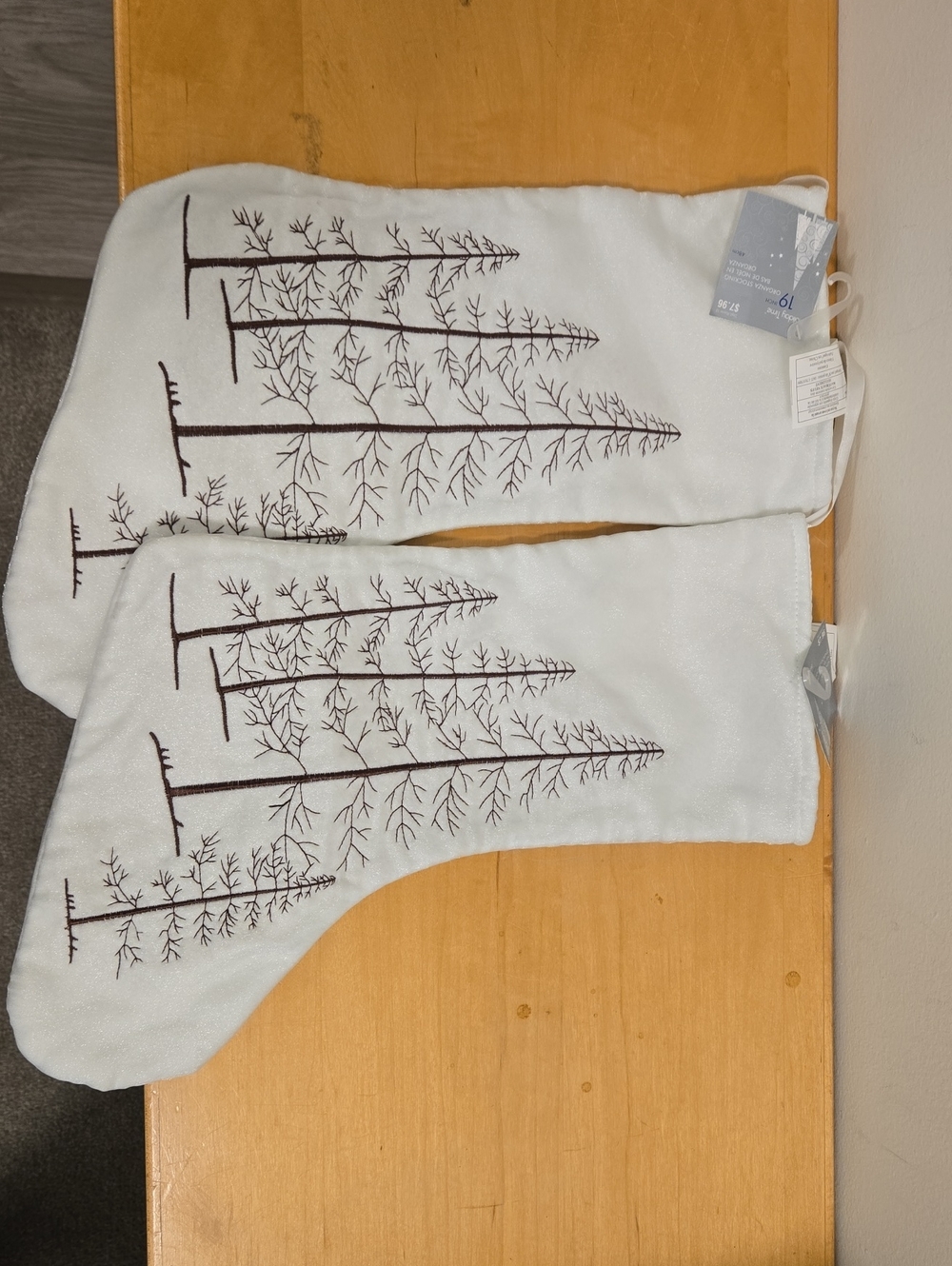 Couples Holiday Time White Organza Christmas Stocking with Brown Tree Accent